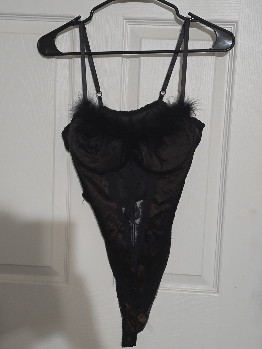 Sheer Black Tie Dye Satin Feather-Trim Chemise Bodysuit